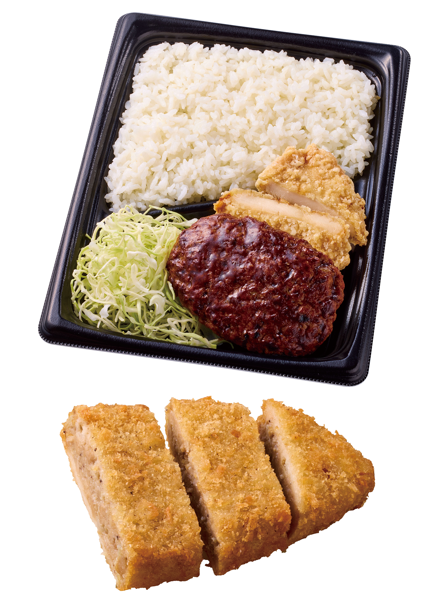 「合わせすぎ！ハンバーグ＆竜田×メンチ弁当」（697円、写真左は従来品）