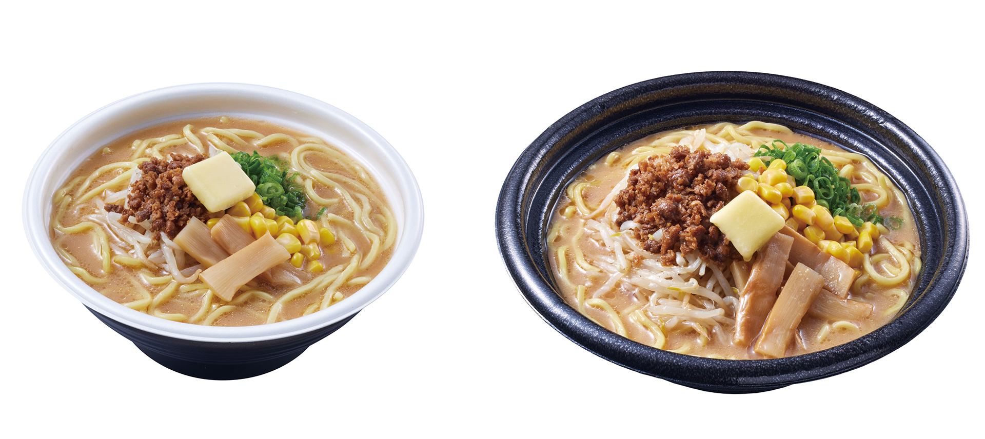 「盛りすぎ！味噌バターコーンラーメン」（626円、写真左は従来品）