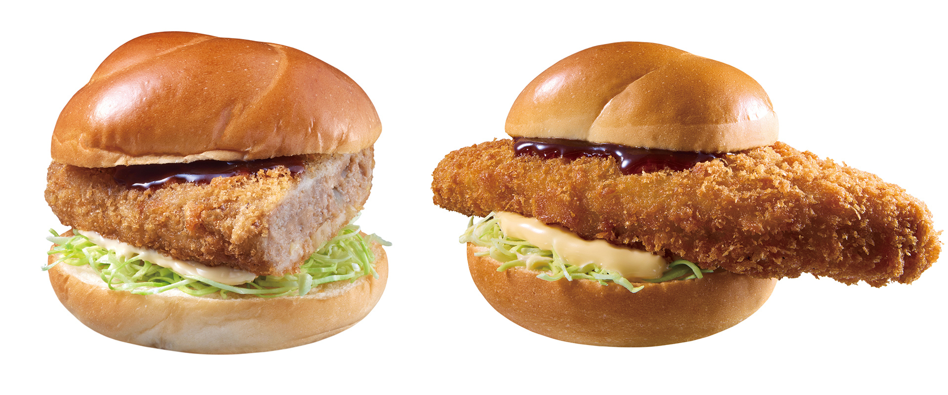 「盛りすぎ！メンチバーガー」（387円、写真左は従来品）