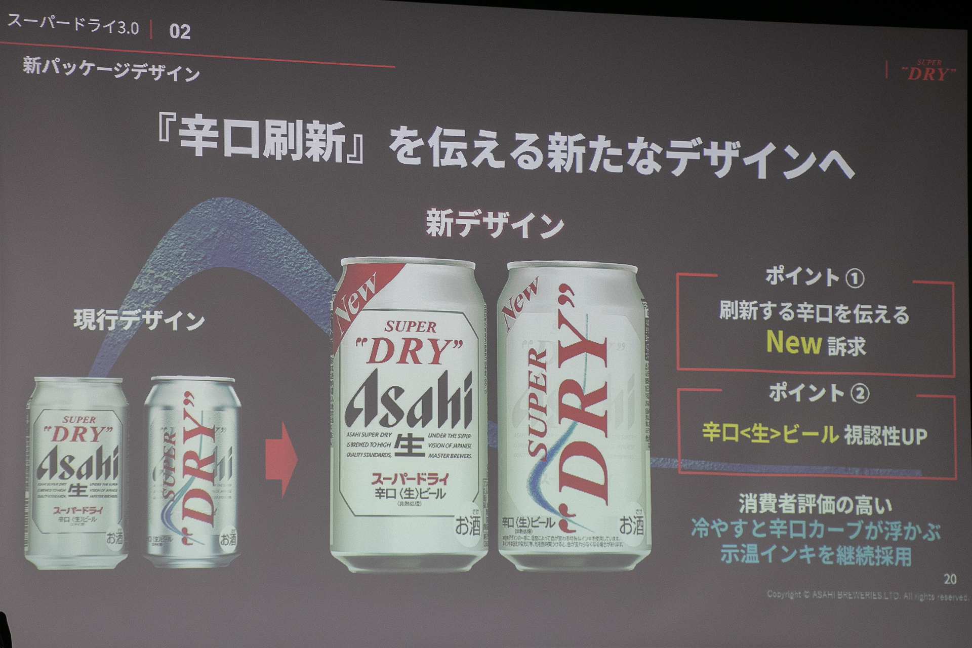 「辛口刷新」を伝える新パッケージデザイン。「New」訴求と「辛口〈生〉ビール」の視認性UPに加え、裏面は「示温インキ」で冷やすと「辛口カーブ」が浮かぶ仕掛けを継続採用