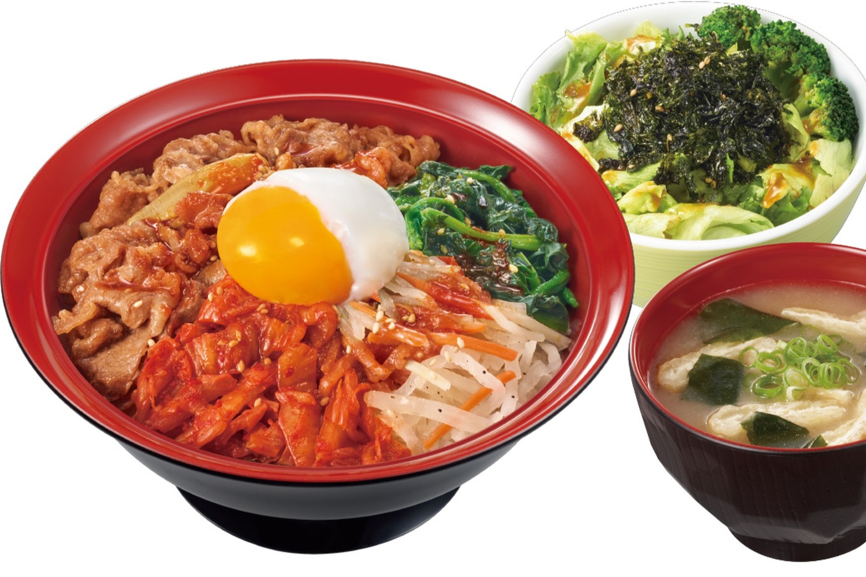 すき家の「おんたまビビンバ牛丼」と「チョレギサラダセット」