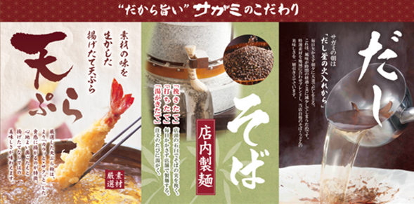 東海地方を中心に関東、関西、北陸で167店舗を展開し、そば・うどんなどの「麺料理」、みそ煮込、手羽先などの「なごやめし」、四季折々の素材を活かした「和膳」など、幅広いメニューを取り揃える「和食麺処サガミ」