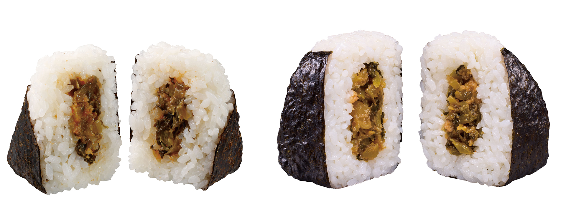 「盛りすぎ！高菜明太おにぎり」（203円、写真左は従来品）