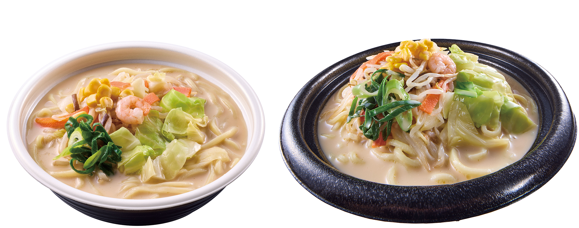 「盛りすぎ！1食分の野菜ちゃんぽん」（599円、写真左は従来品）