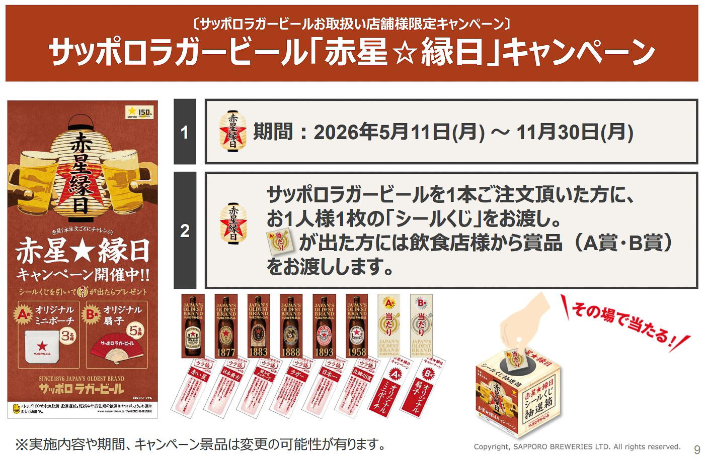 サッポロラガービール取扱店舗限定の「赤星☆縁日」キャンペーン。シールくじで賞品が当たる