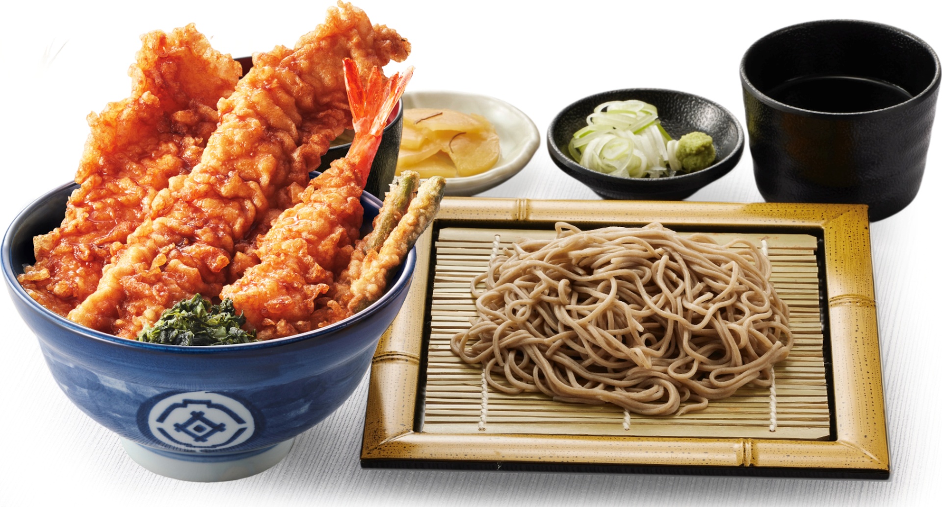 たれづけ大江戸天丼（小）藪そばサービスセット（みそ汁付）