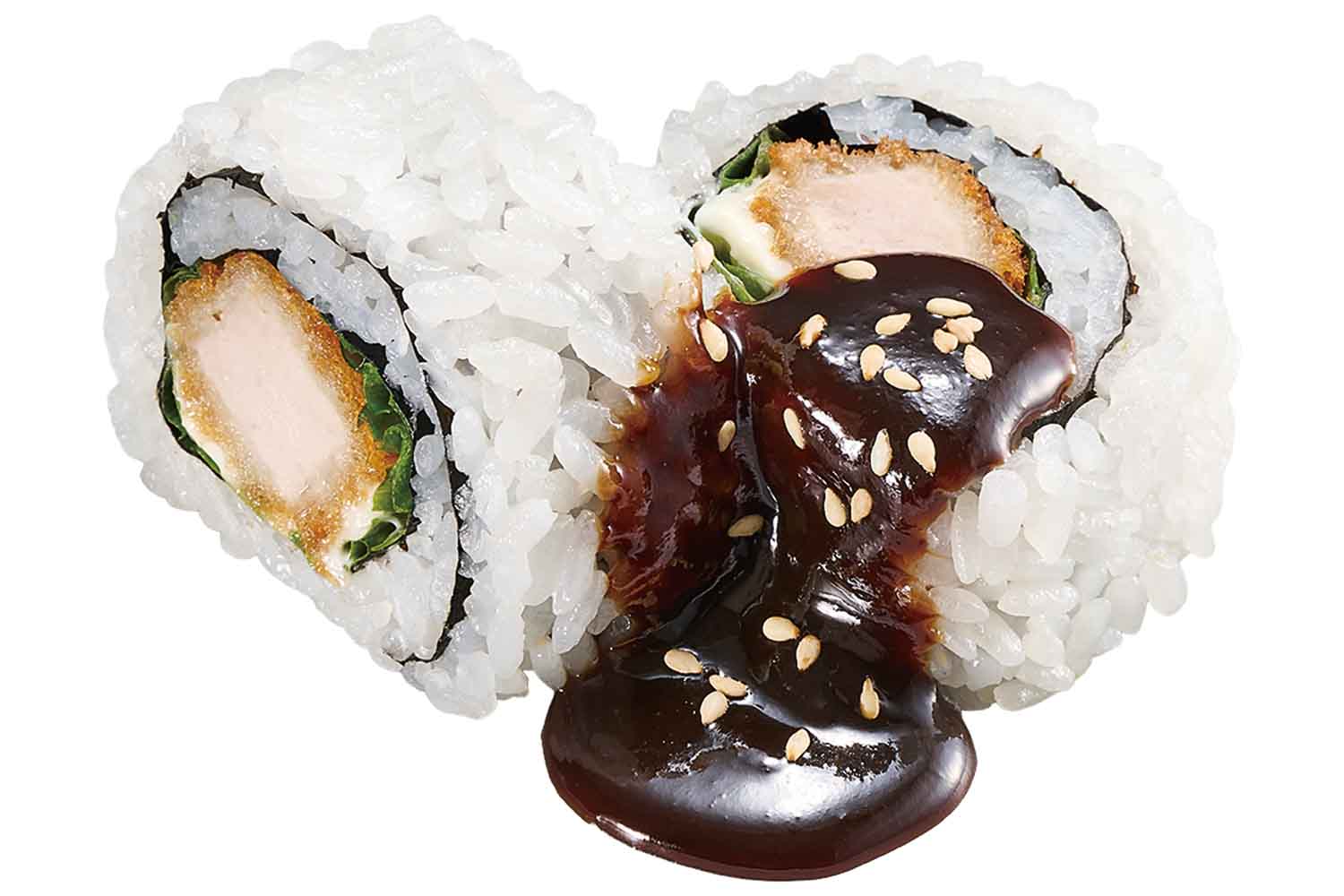 名古屋名物のみそカツを寿司にし、ウルフィに見立てた「みそカツ風ロール」
