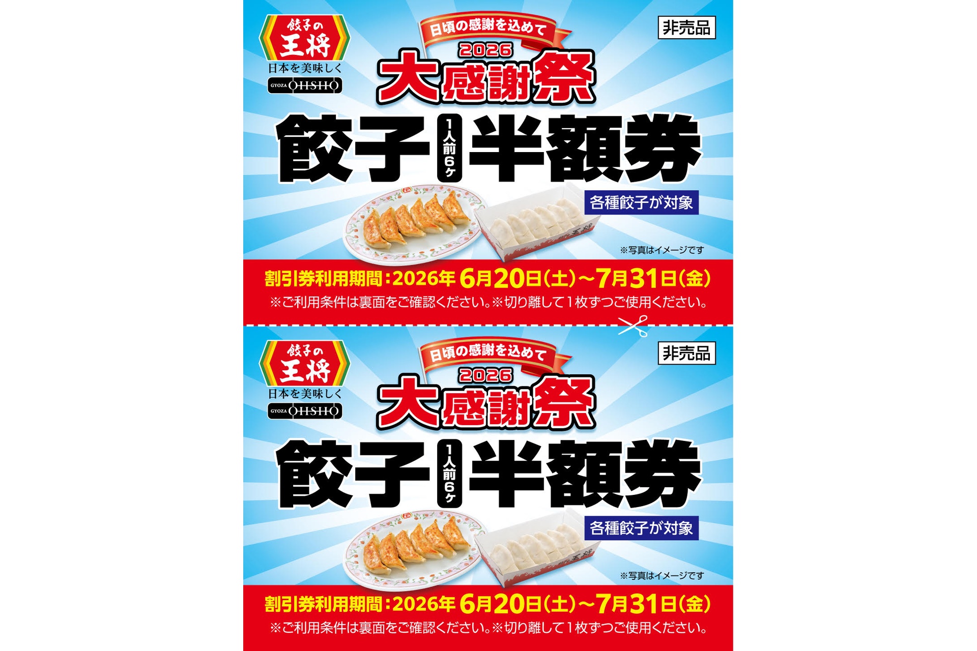 餃子1人前半額券（2枚綴り）のイメージ