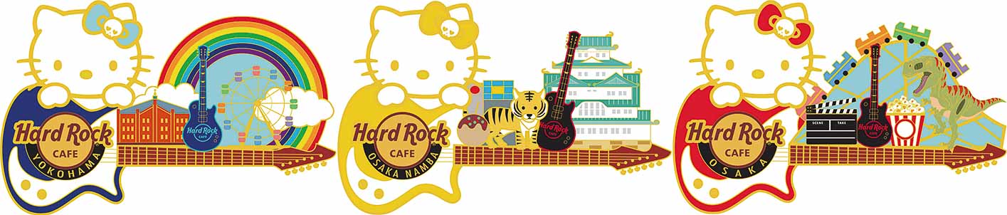 Hello Kitty City Icon Guitar Pin（左から横浜店、なんば大阪店、ユニバーサル・シティウォーク大阪店で販売するピンバッジ）