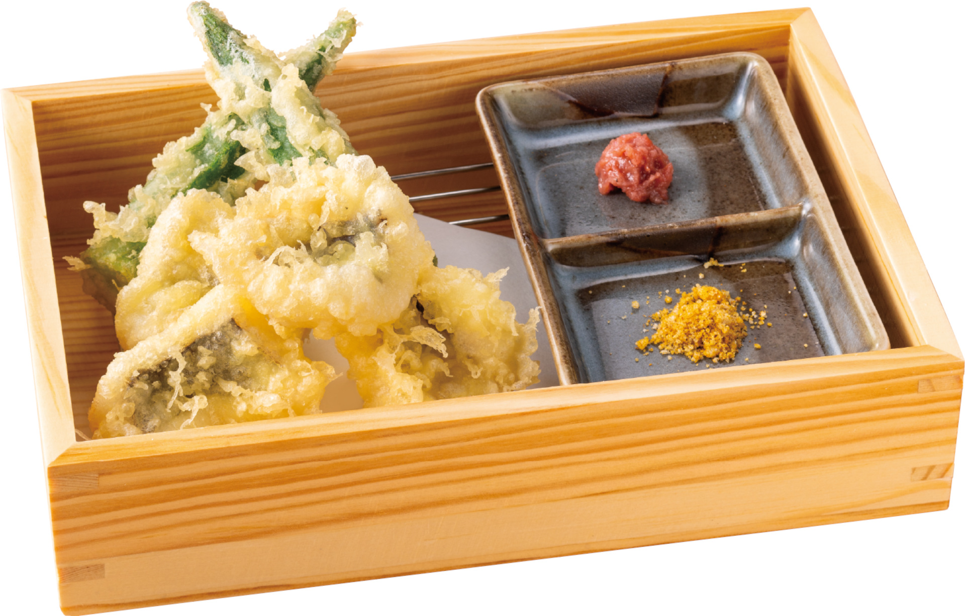 「梅わさびとカレー塩で愉しむ、国産 天然鱧とオクラの天ぷら」（549円）