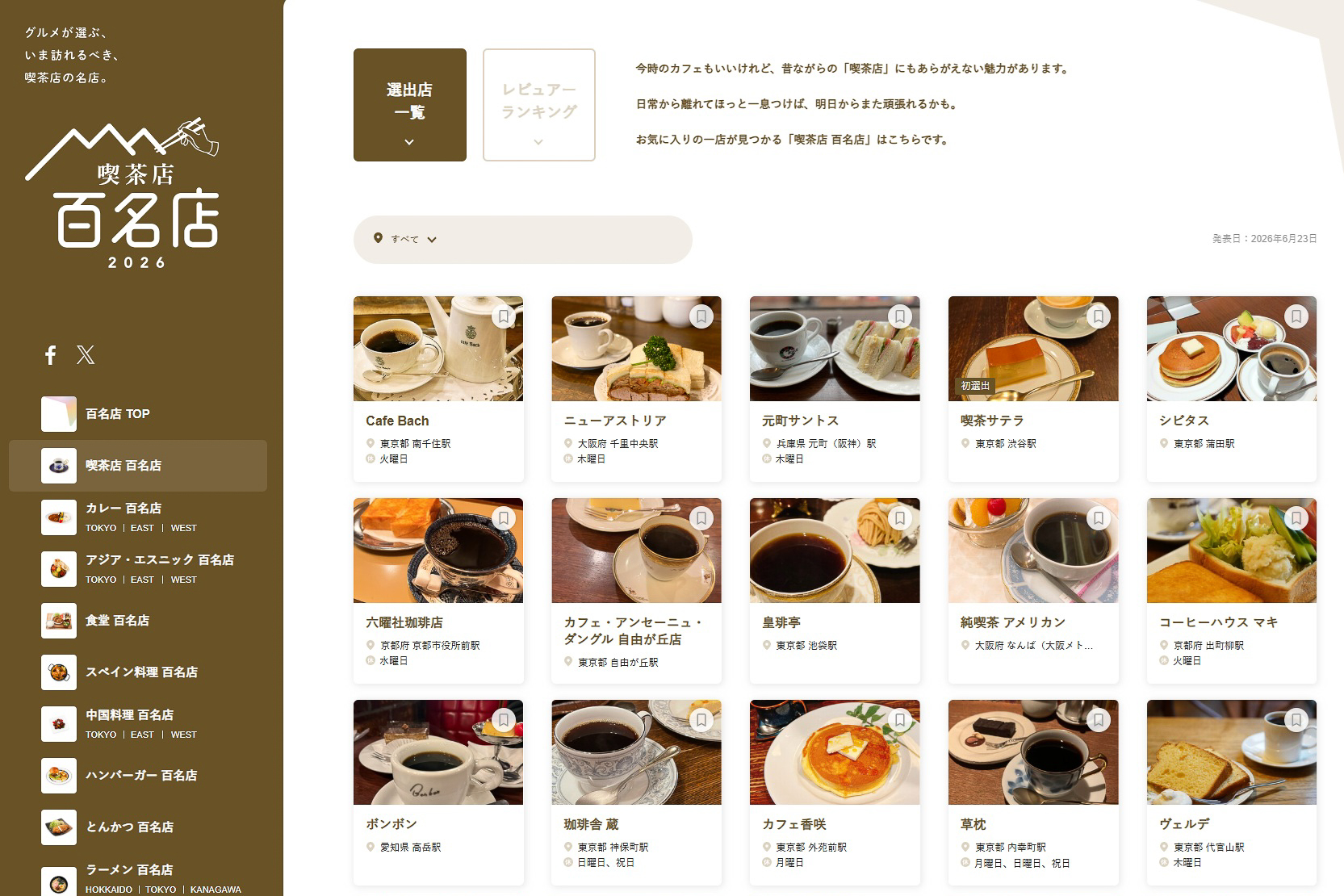 食べログ 喫茶店 百名店 2026