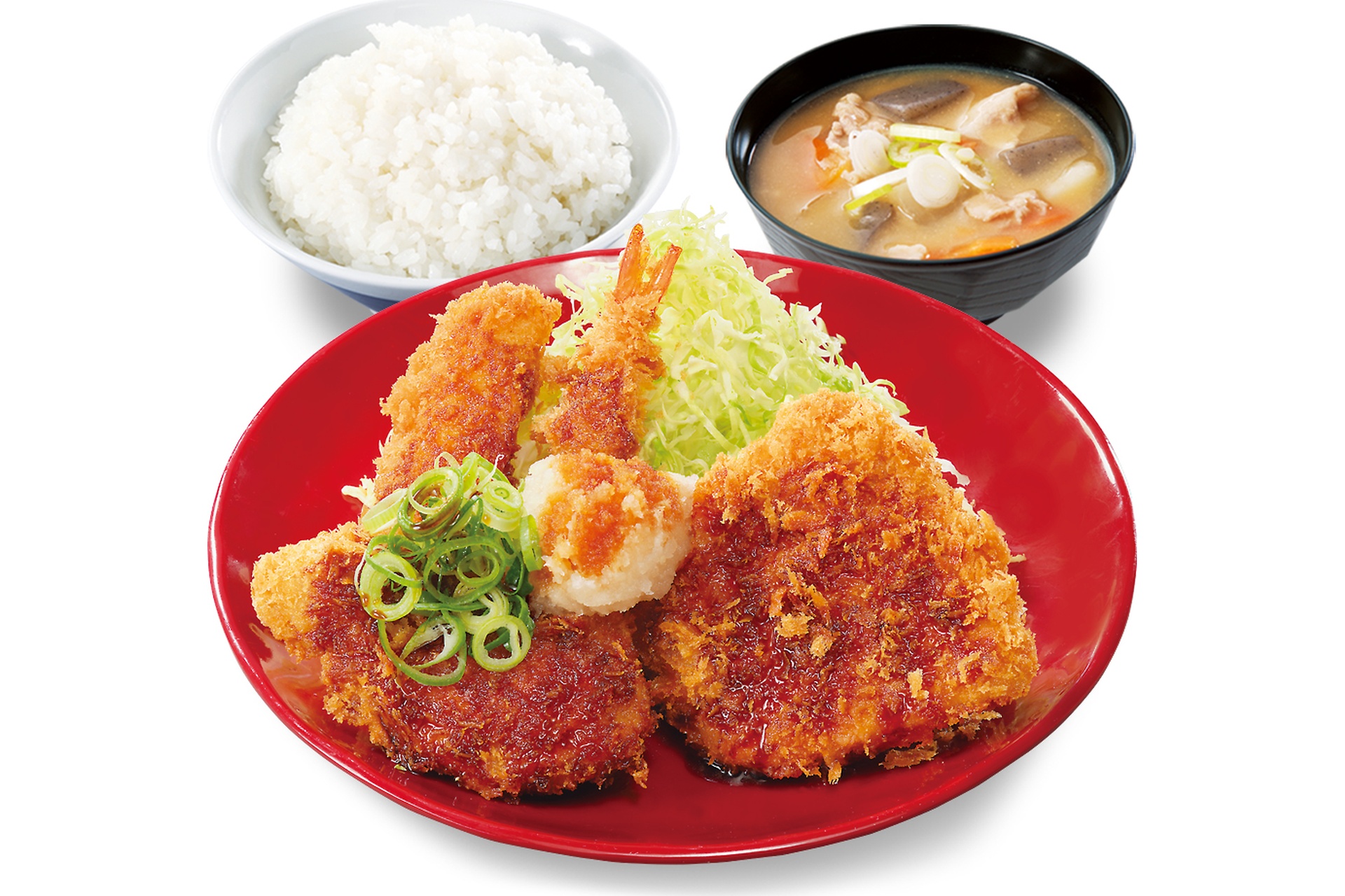 海鮮三種とロースの醤油カツ定食