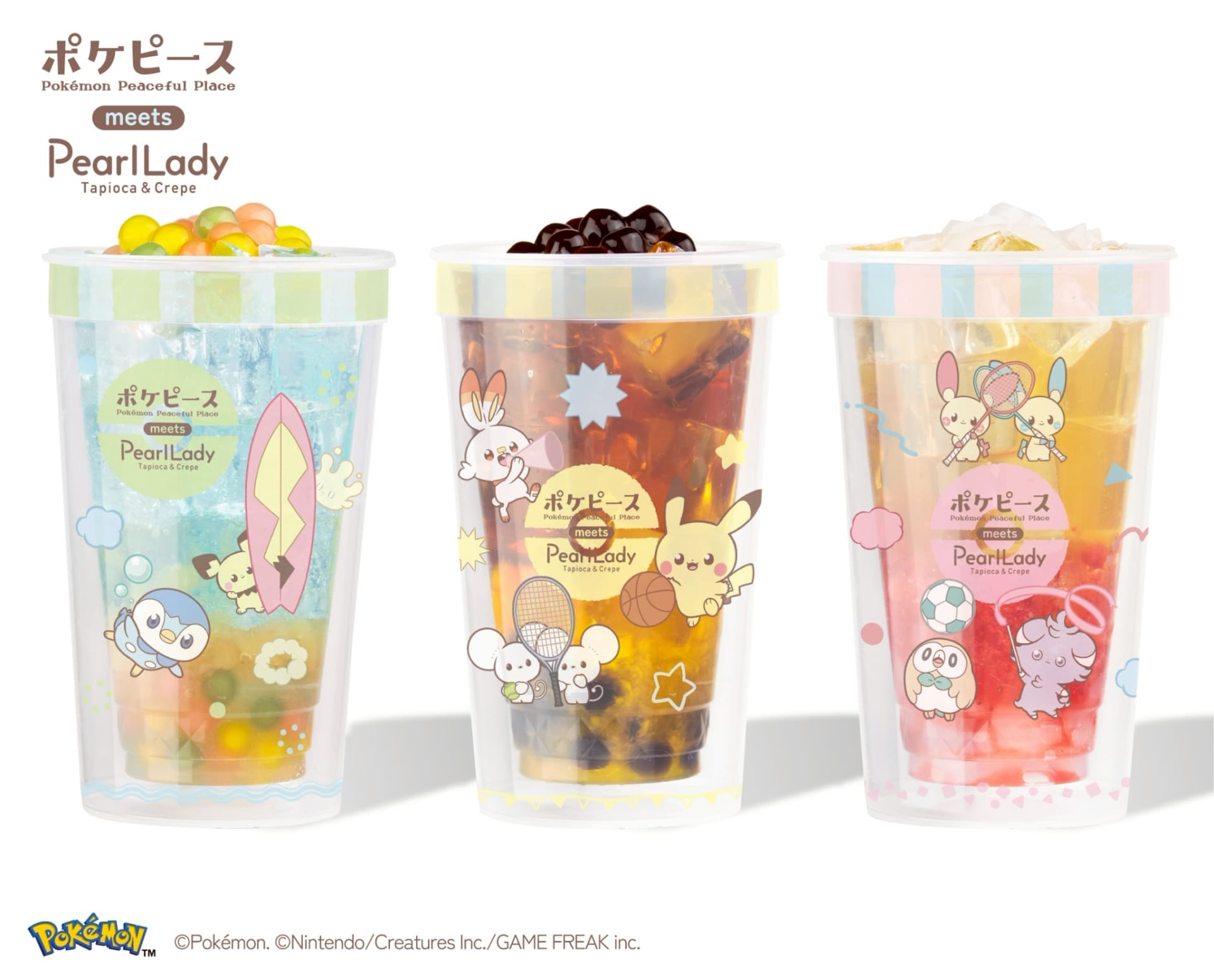 左から「マリンピーチソーダ」（パールレディのみ）「サニーマンゴーティー」（両ブランド）「チアアップベリーティー」（CHABARのみ）