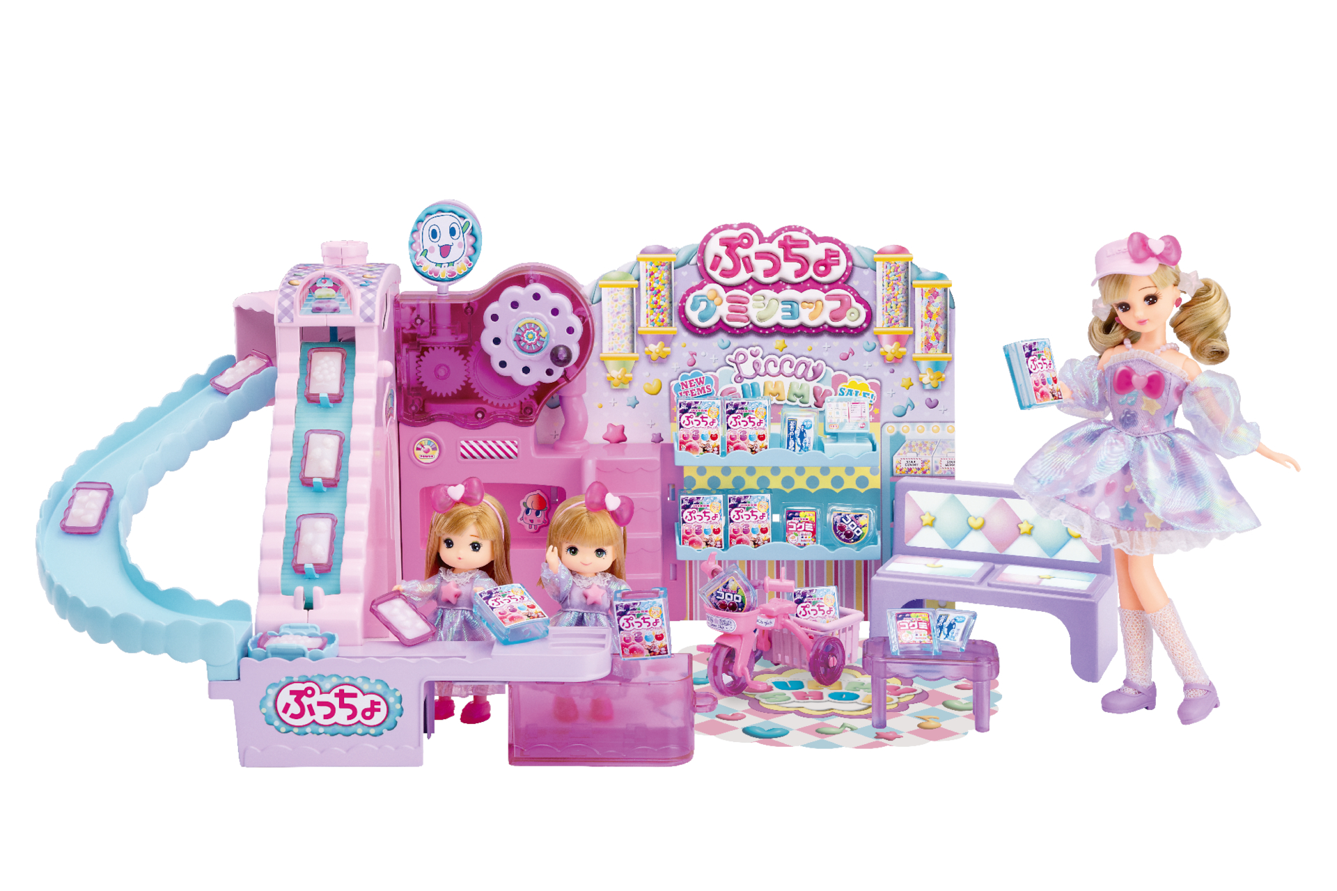 「できたてぷっちょくるくるグミショップ＋ハピグミリカちゃんセット」（ミキちゃん・マキちゃん・三輪車は景品に含まれない）