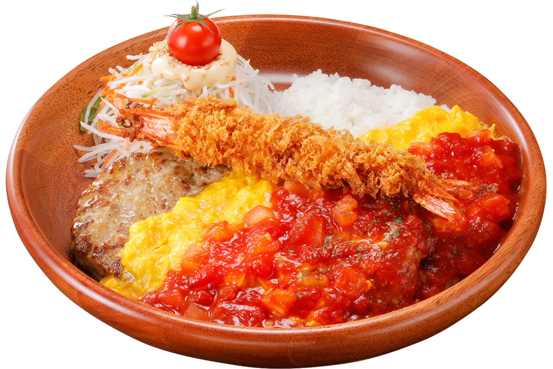 角切りトマトとびっくりエビフライのオムバーグディッシュ