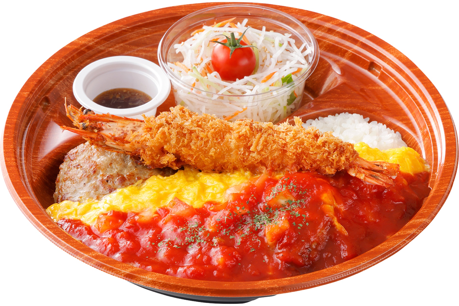 ［テイクアウト］角切りトマトとびっくりエビフライのオムバーグディッシュ