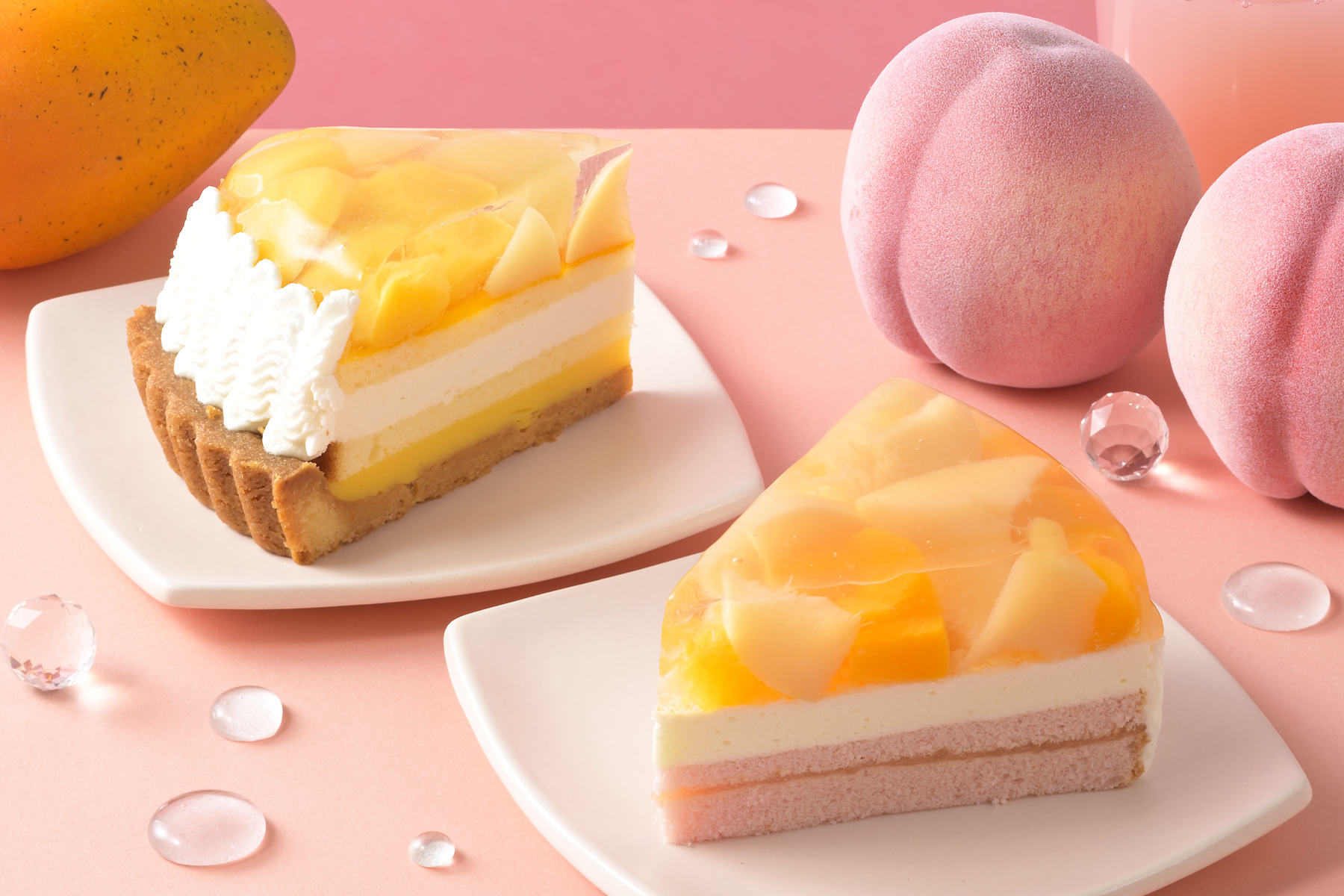 銀座コージーコーナー「桃涼みケーキ（白桃＆黄桃）」「桃涼みタルト（マンゴー＆白桃）」