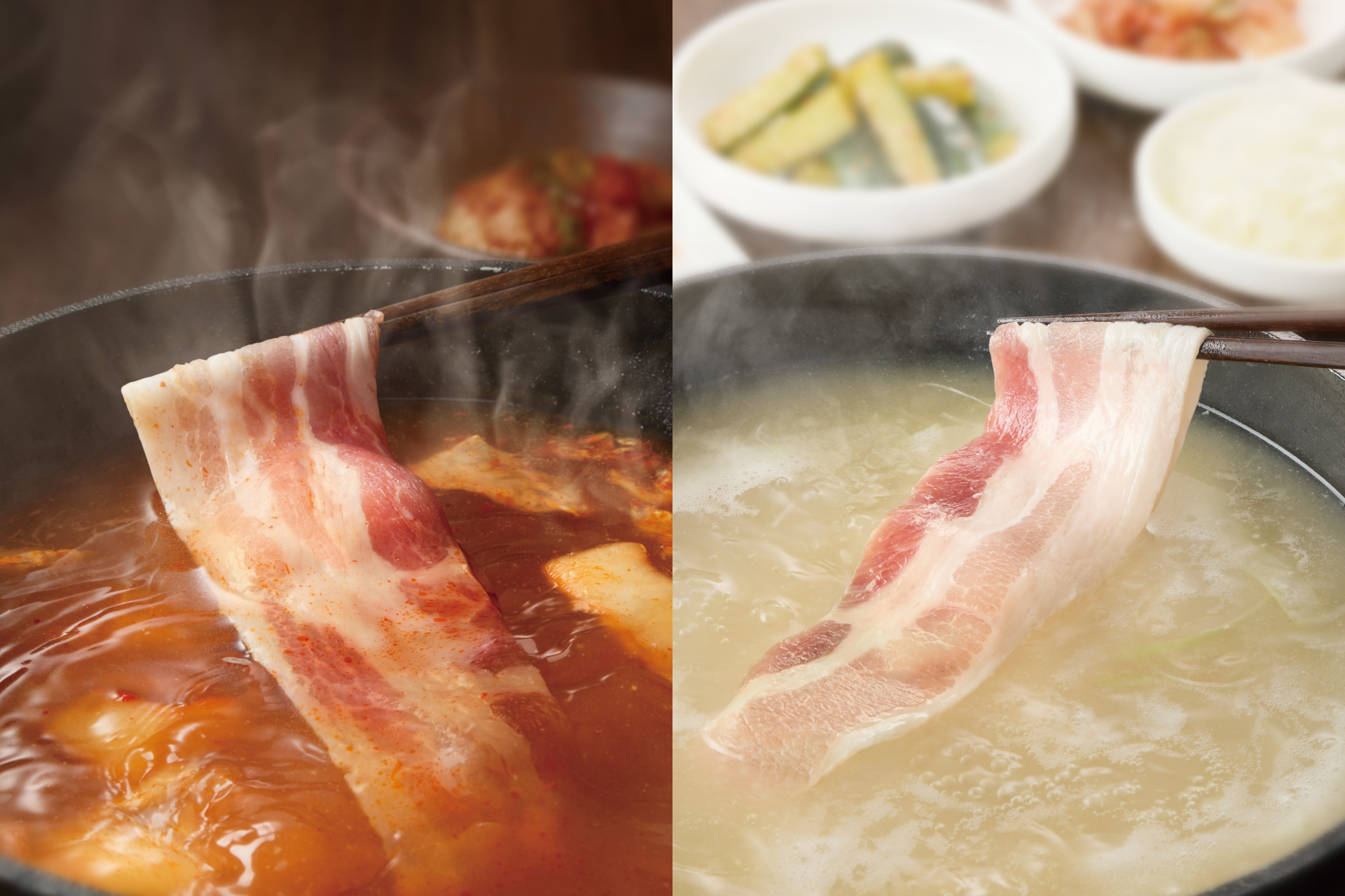 しゃぶしゃぶ温野菜「鍋飲みセット」の「海鮮チゲだし」「コムタンだし」