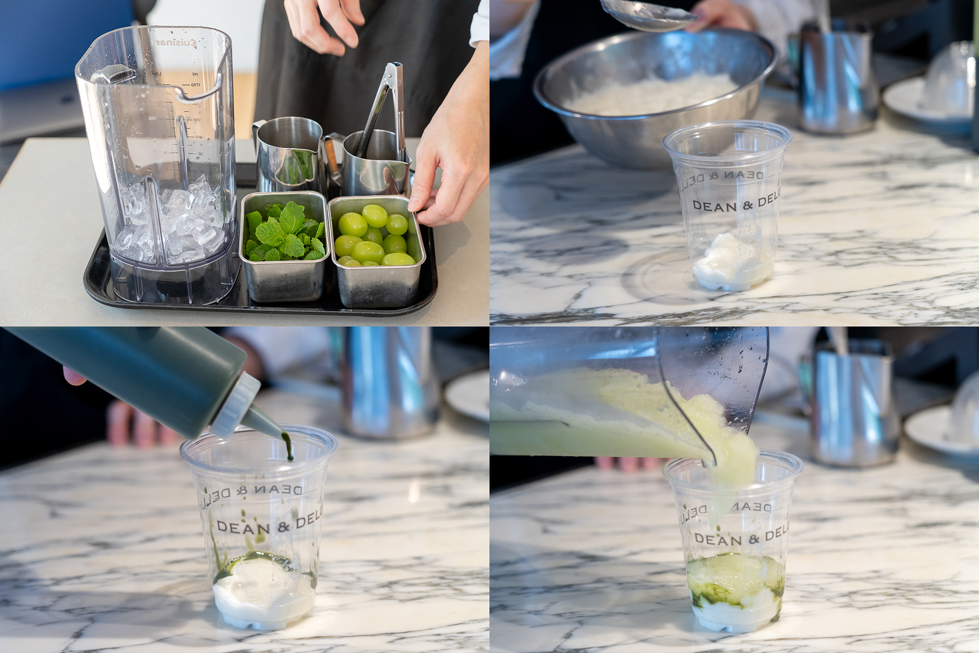 試飲会では、目の前で実際に仕上げる様子を見ることができた。生のぶどうやミントをクラッシュし、ブランマンジェ、抹茶、フラッペの順で丁寧に層が作られていく