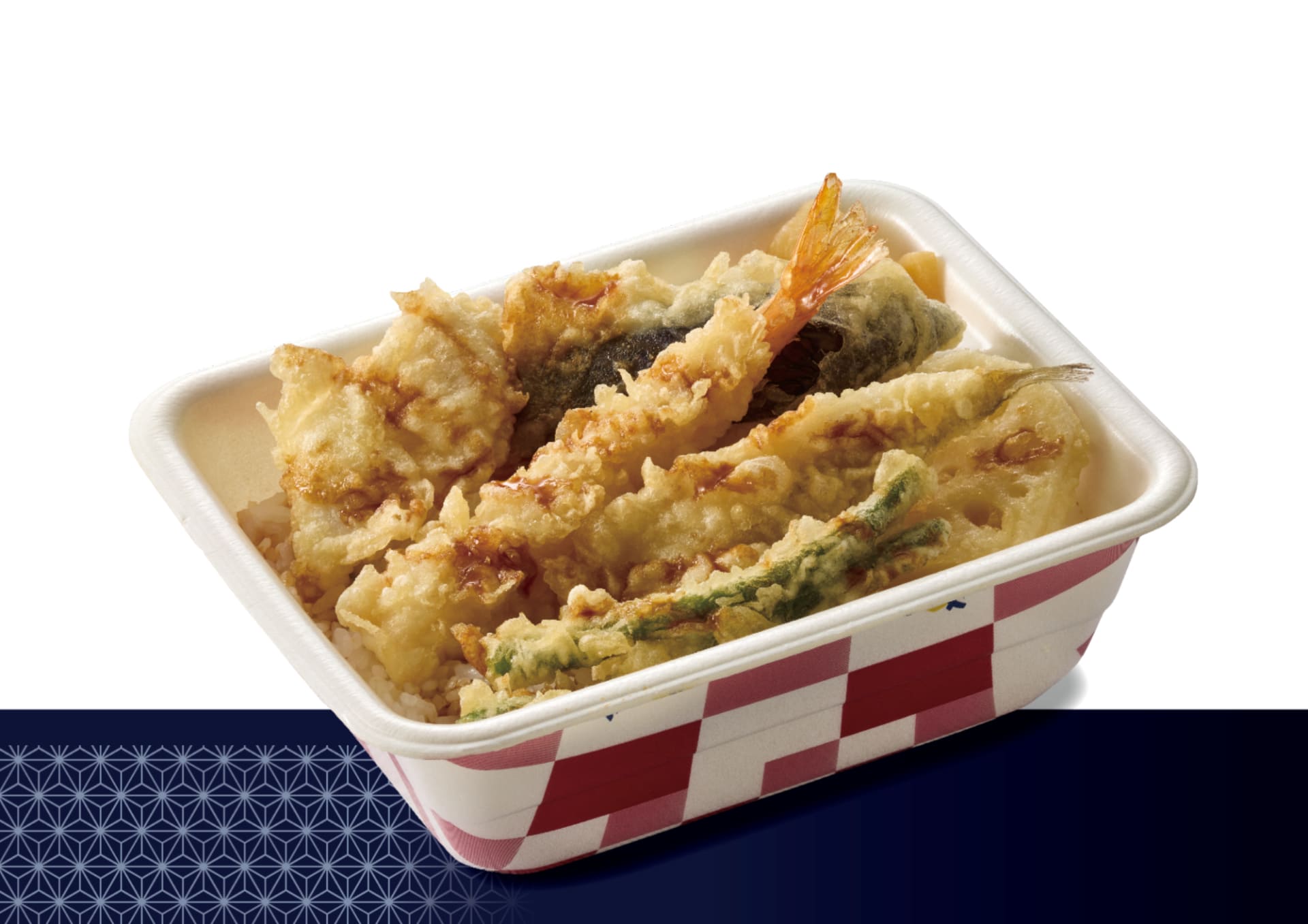 「海老と活〆穴子切身の天丼弁当（お新香付）」（持ち帰り 860円、デリバリー 1160円）
