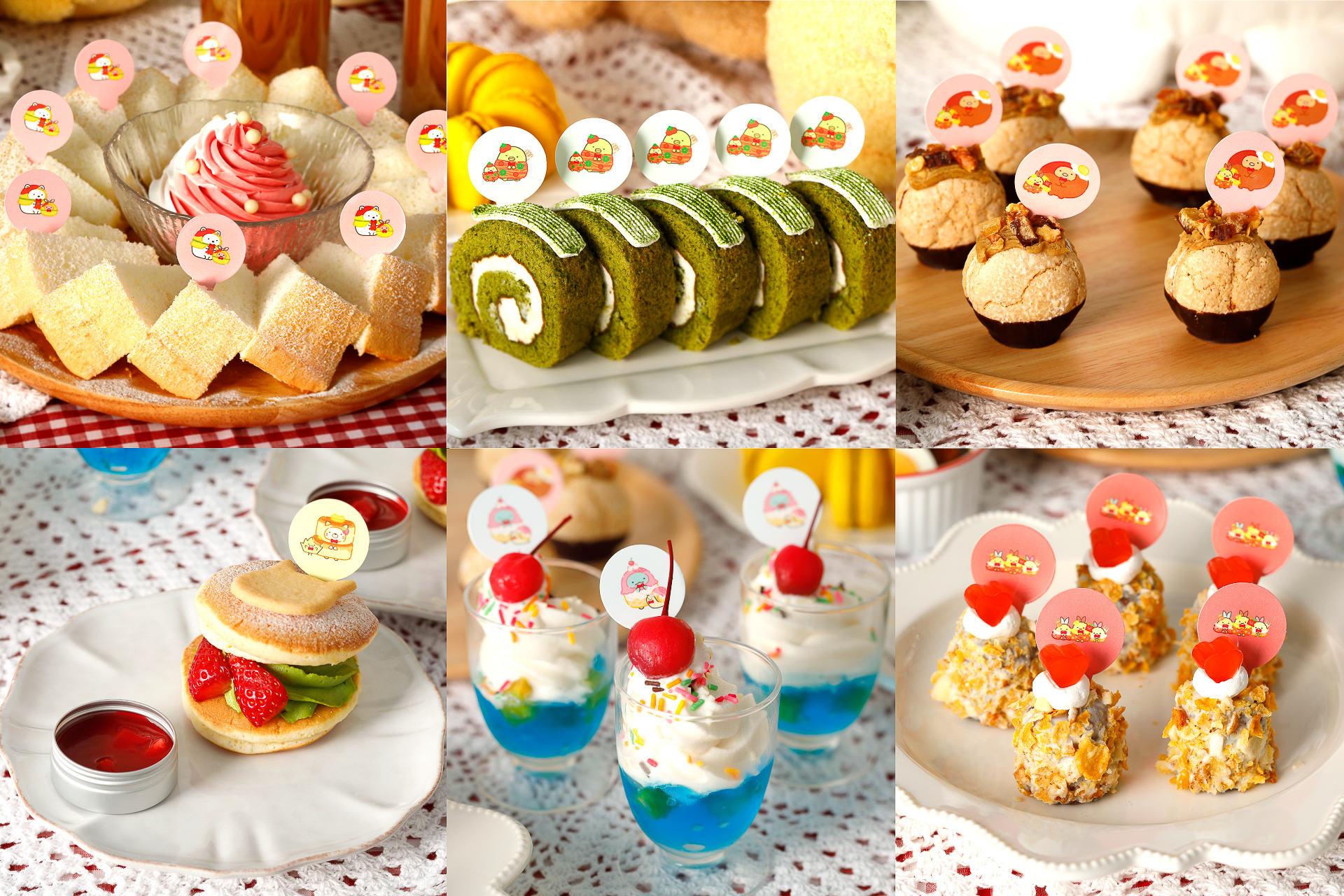 しろくまの塩シフォンケーキ、ぺんぎん？の抹茶ロールケーキ、とんかつのマロンブッセ、えびふらいのしっぽのカヌレなど