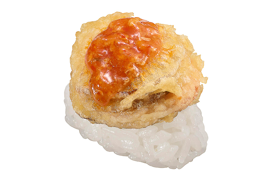 店内揚げの「帆立の天ぷらにぎり チリソース」