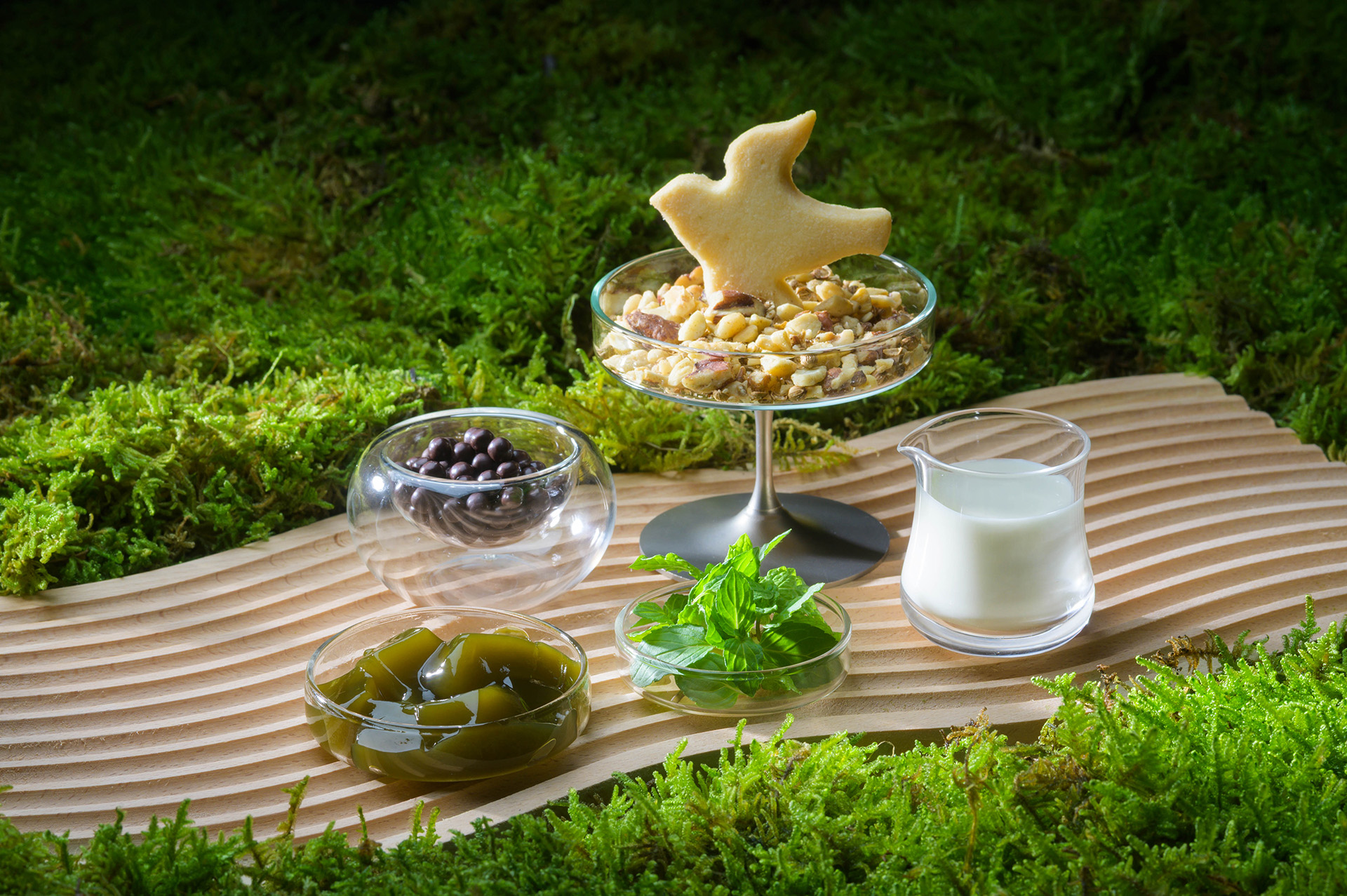 苔の上で樹木の自生を表現したコンディメント