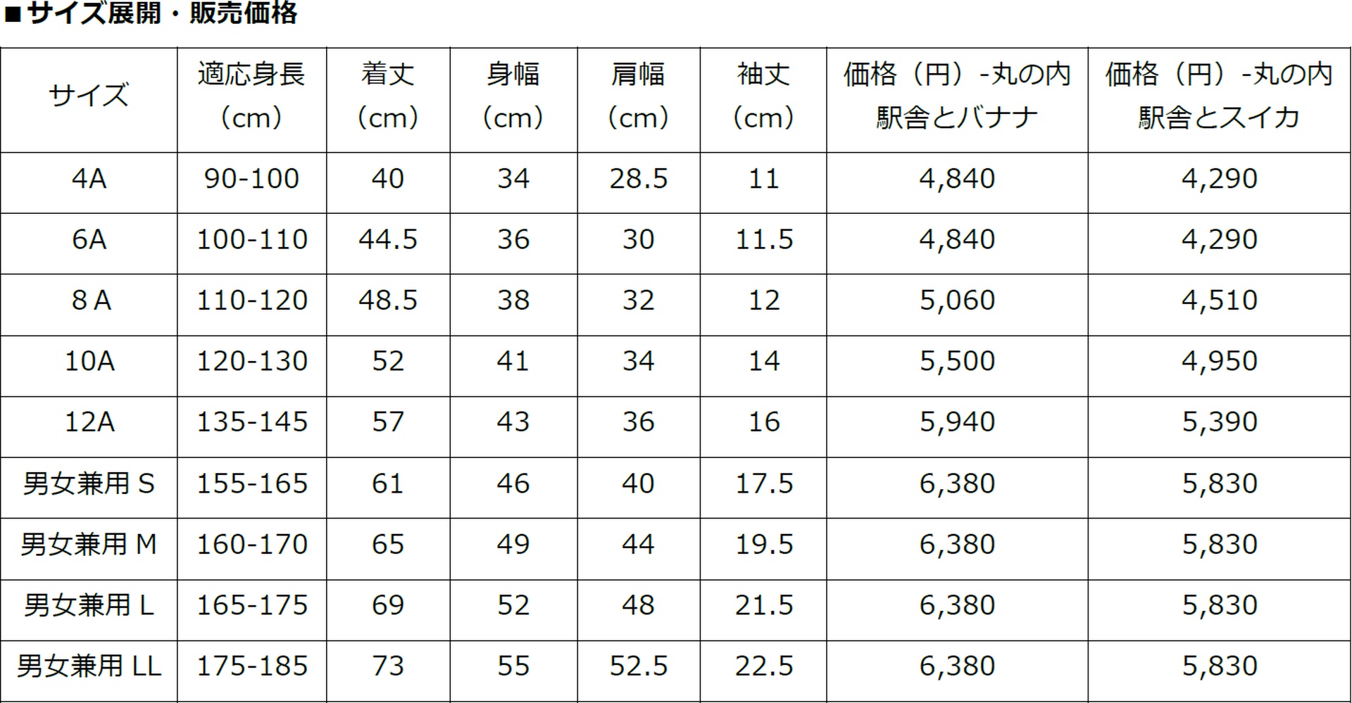 サイズ展開・販売価格