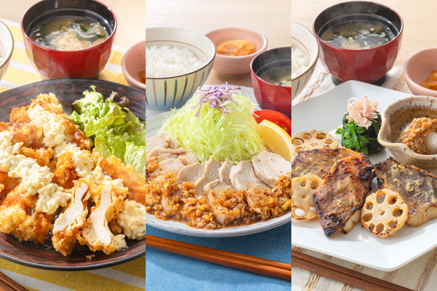 大戸屋「鶏むね肉の大戸屋風チキン南蛮」「蒸し鶏のもろみ醤油香味ネギだれ」「メヌケ西京漬け炭火焼き」