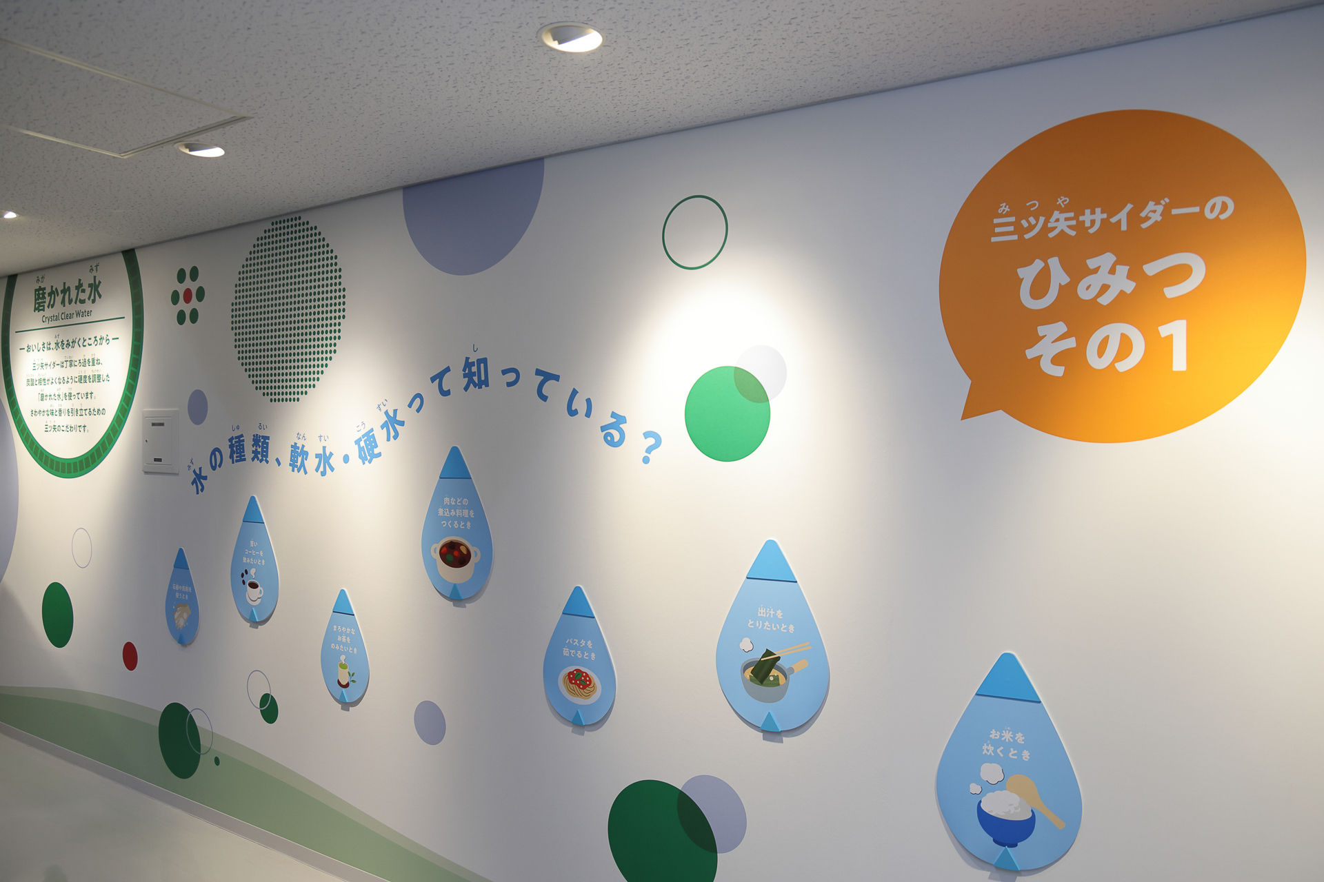 廊下の壁面にパネル展示がある。まずは硬水と軟水についてお勉強。パネルをめくると、料理ごとにどんな水が適しているかが分かる
