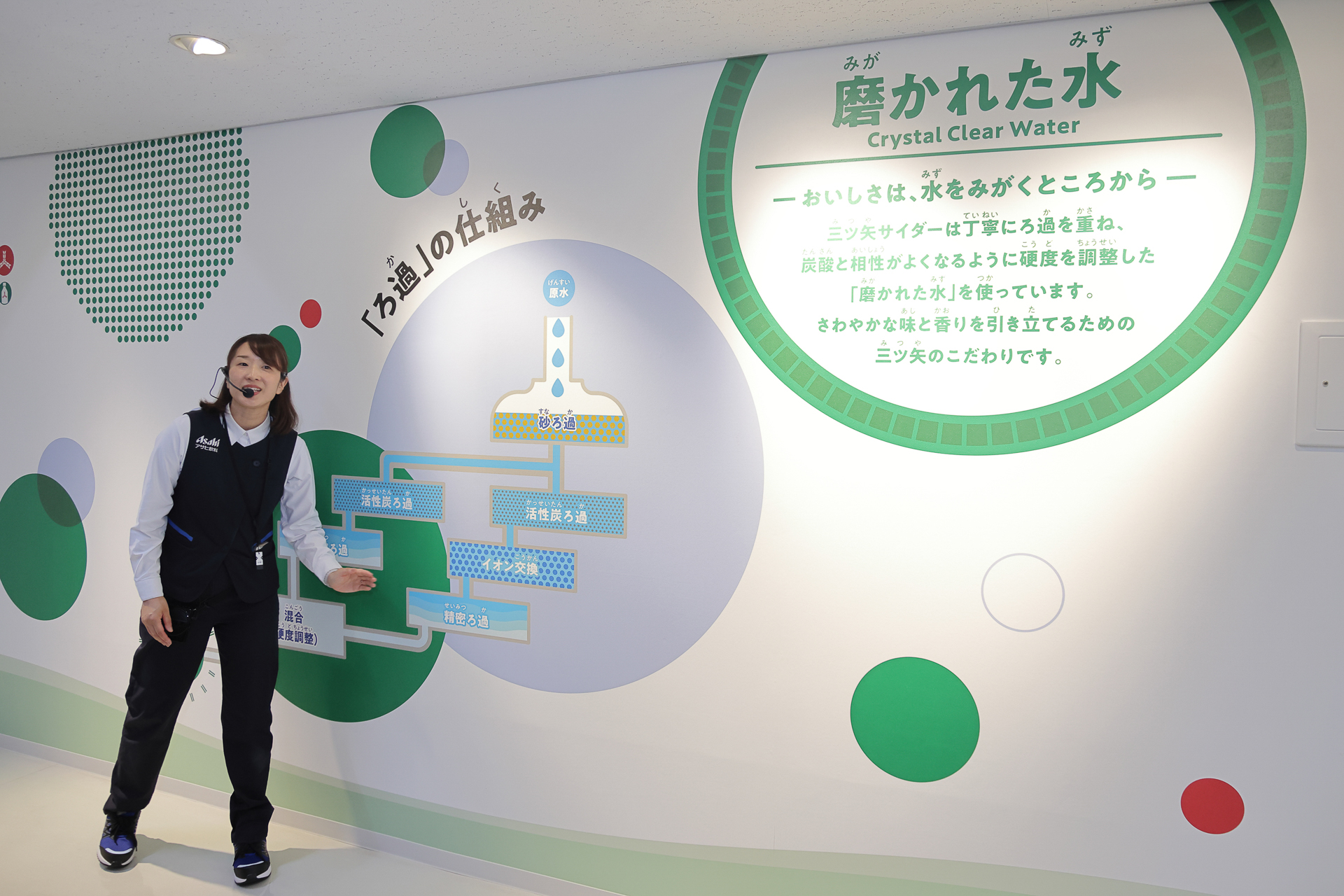 飲料で何よりも大切なのは水の質だ。ろ過を重ねて硬度を調整する工程を、三ツ矢では「水を磨く」と呼ぶ。なお、この日ガイドをしてくれたのはアサヒビールコミュニケーションズ 見学案内担当の濱西梨恵さん