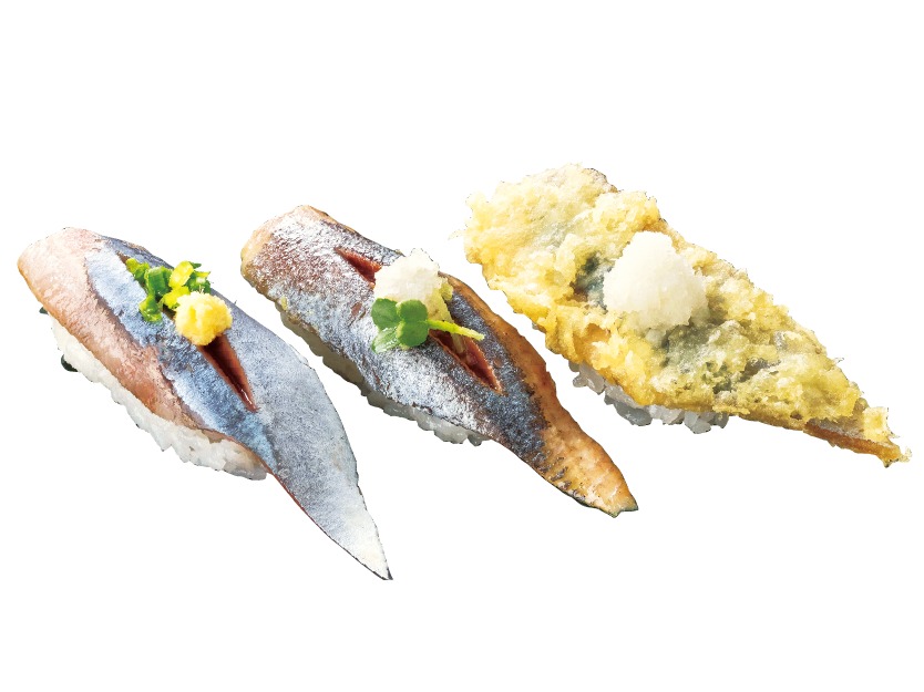「さんま食べ比べ三貫（さんま/さんま炙り/さんま天）」（649円）
