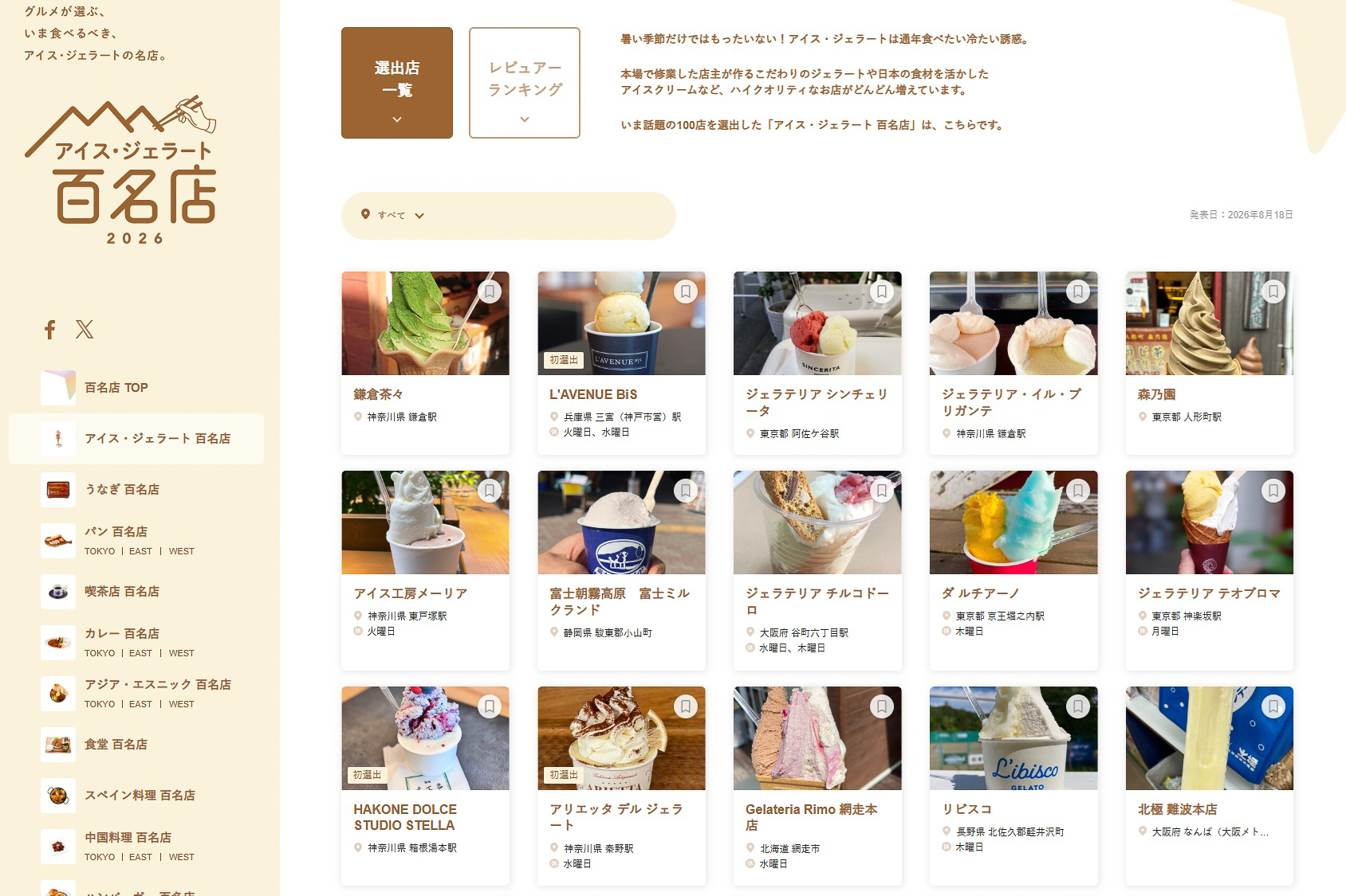 食べログ アイス・ジェラート 百名店 2026