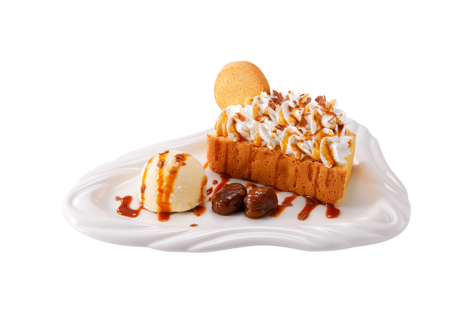 「バニラアイスの月見マロンシフォンプレート」（単品820円、コーヒーセット920円）