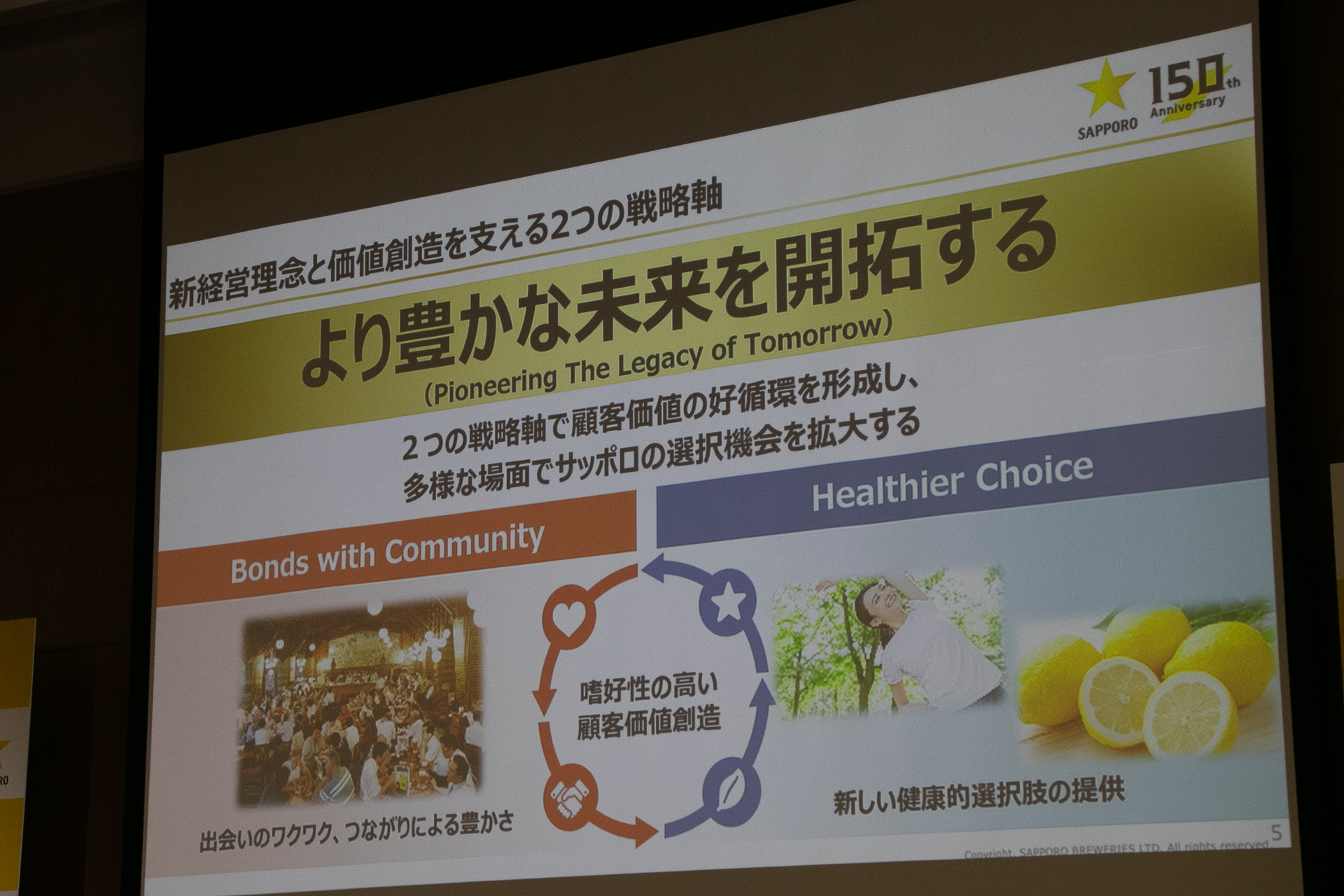 7月の事業持株会社化を機に定めた新経営理念「より豊かな未来を開拓する」と、2つの戦略軸