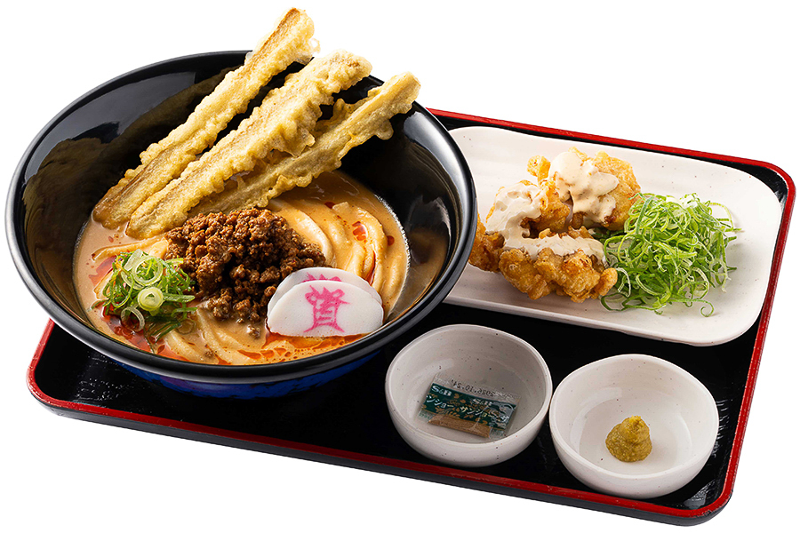 「冷やし担々うどんと柚子胡椒 鶏天（3個）」（1151円）