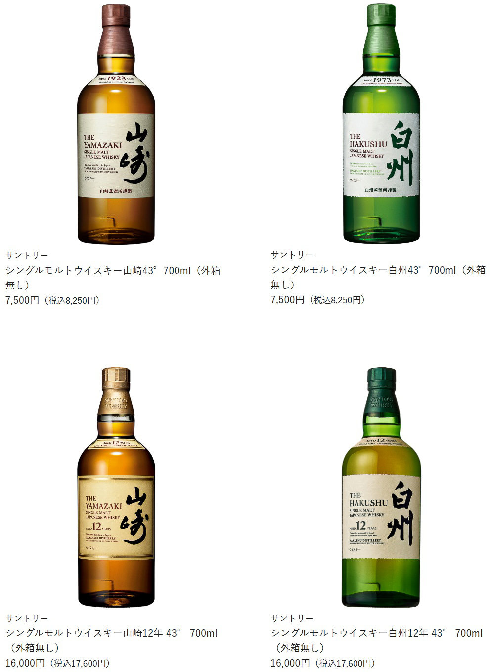 抽選販売の対象となるウイスキーのラインアップ