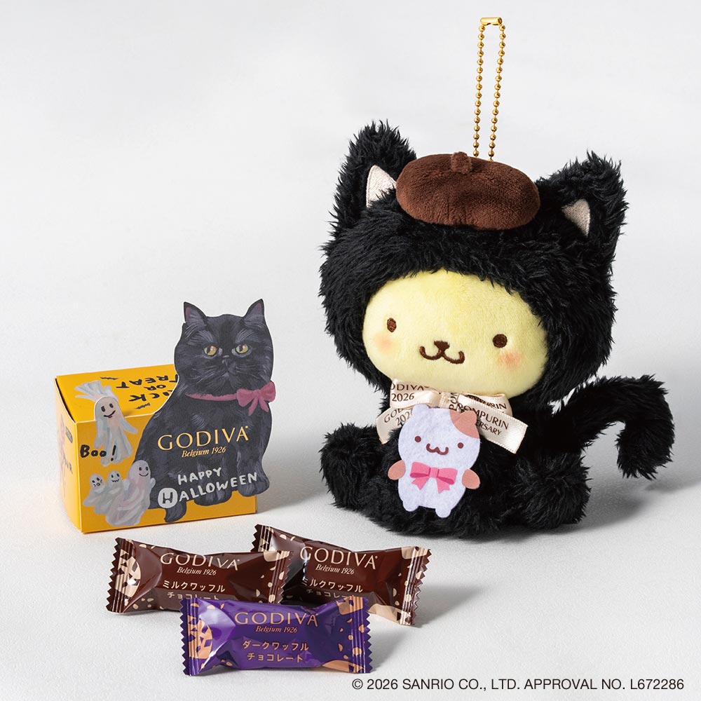 「ゴディバ ブラックキャット コレクション G クリスピーショコラ アソートメント 3粒入+ポムポムプリン ぬいぐるみチャーム オンラインショップ限定」（4070円・送料別）