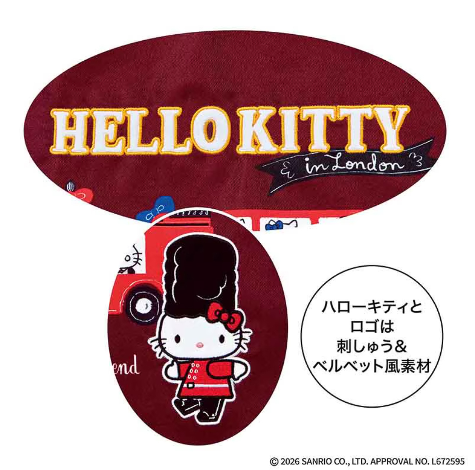 ハローキティとロゴは刺しゅう＆ベルベット風素材で立体的に表現