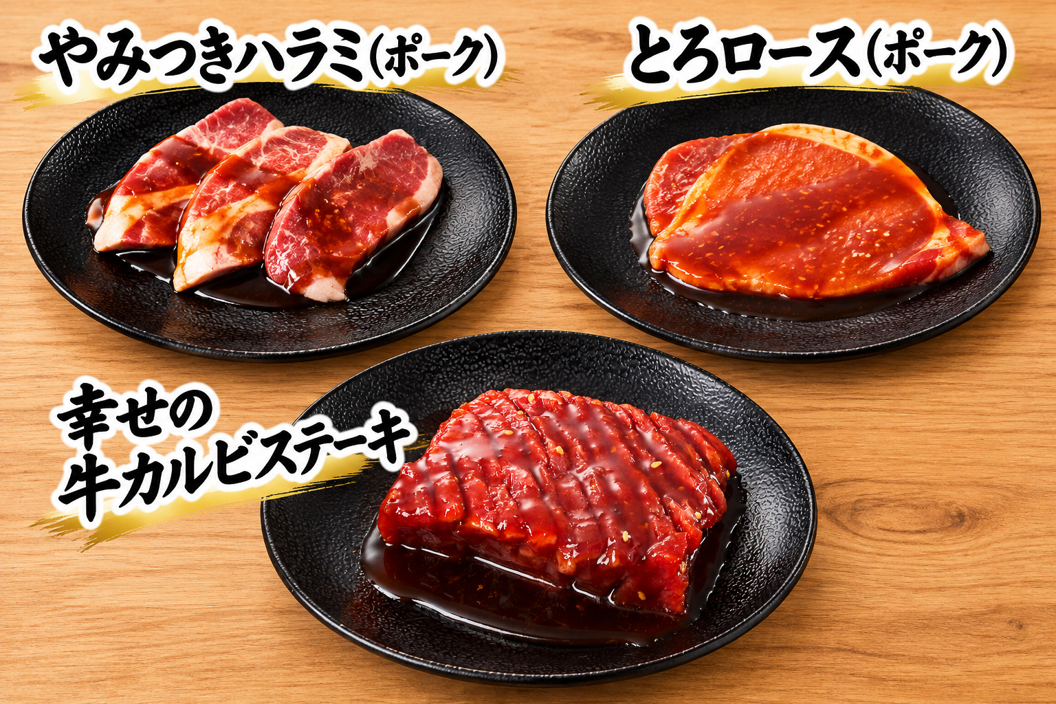 「大感激コース」に登場する「幸せの牛カルビステーキ」など