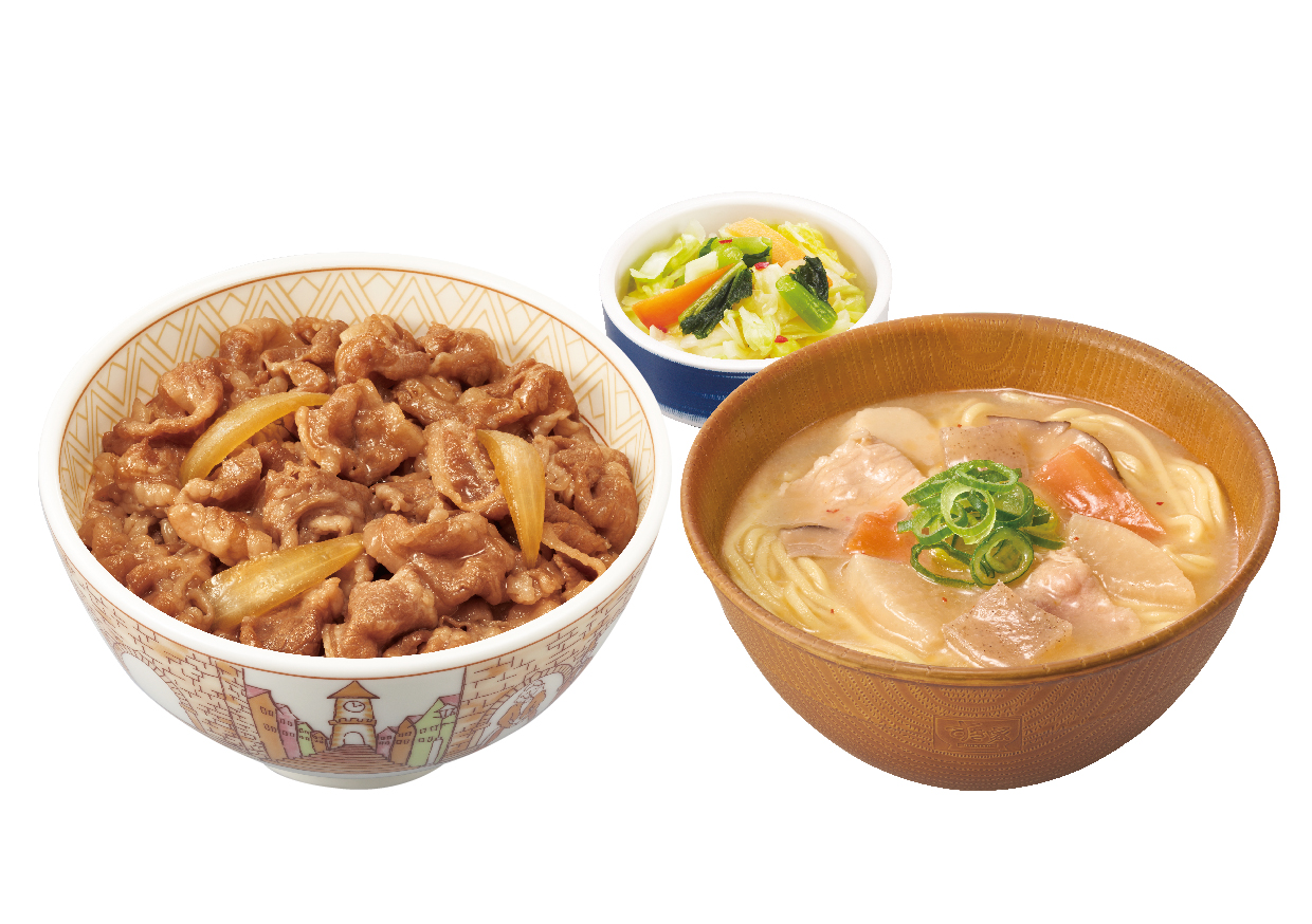 「牛丼（並盛）＋とん汁みそらーめんおしんこセット」（880円）