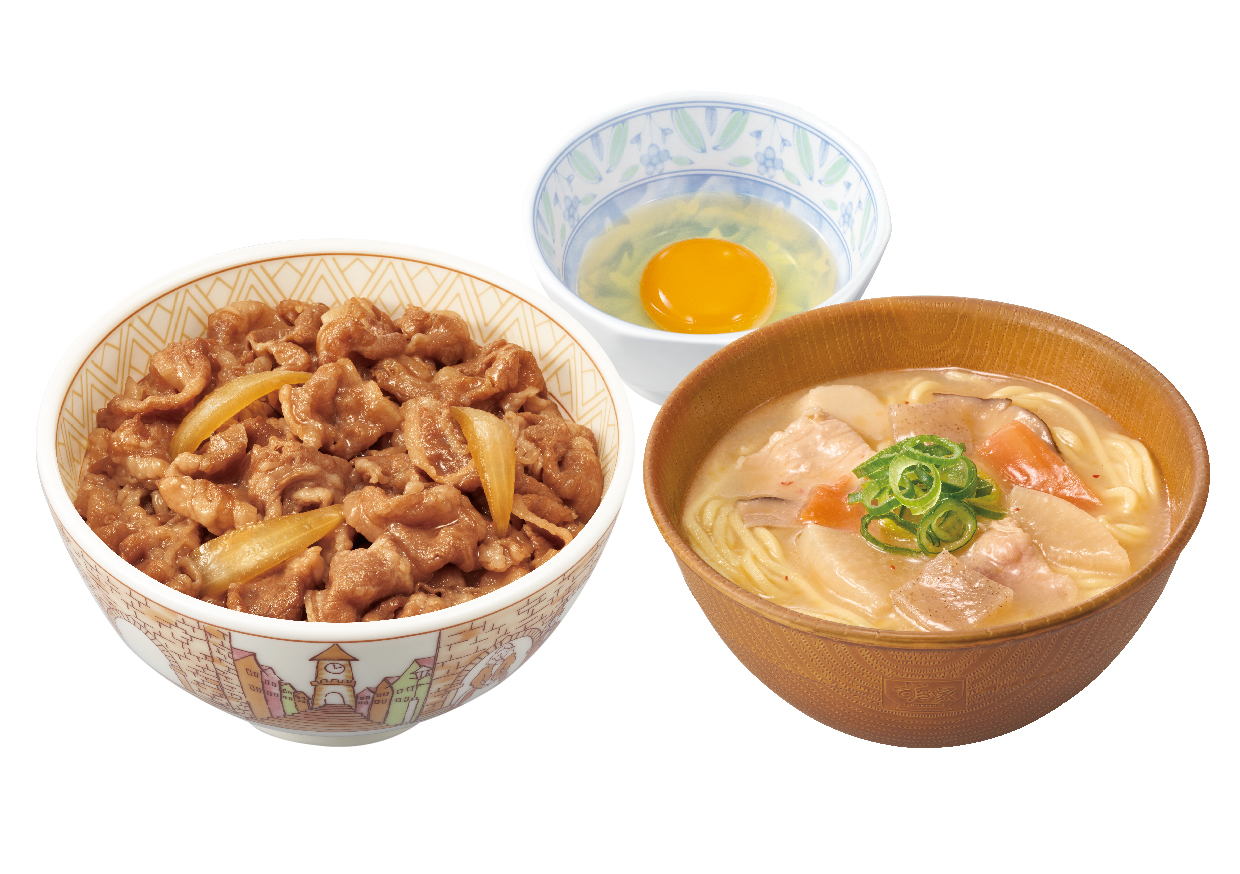 「牛丼（並盛）＋とん汁みそらーめんたまごセット」（880円）