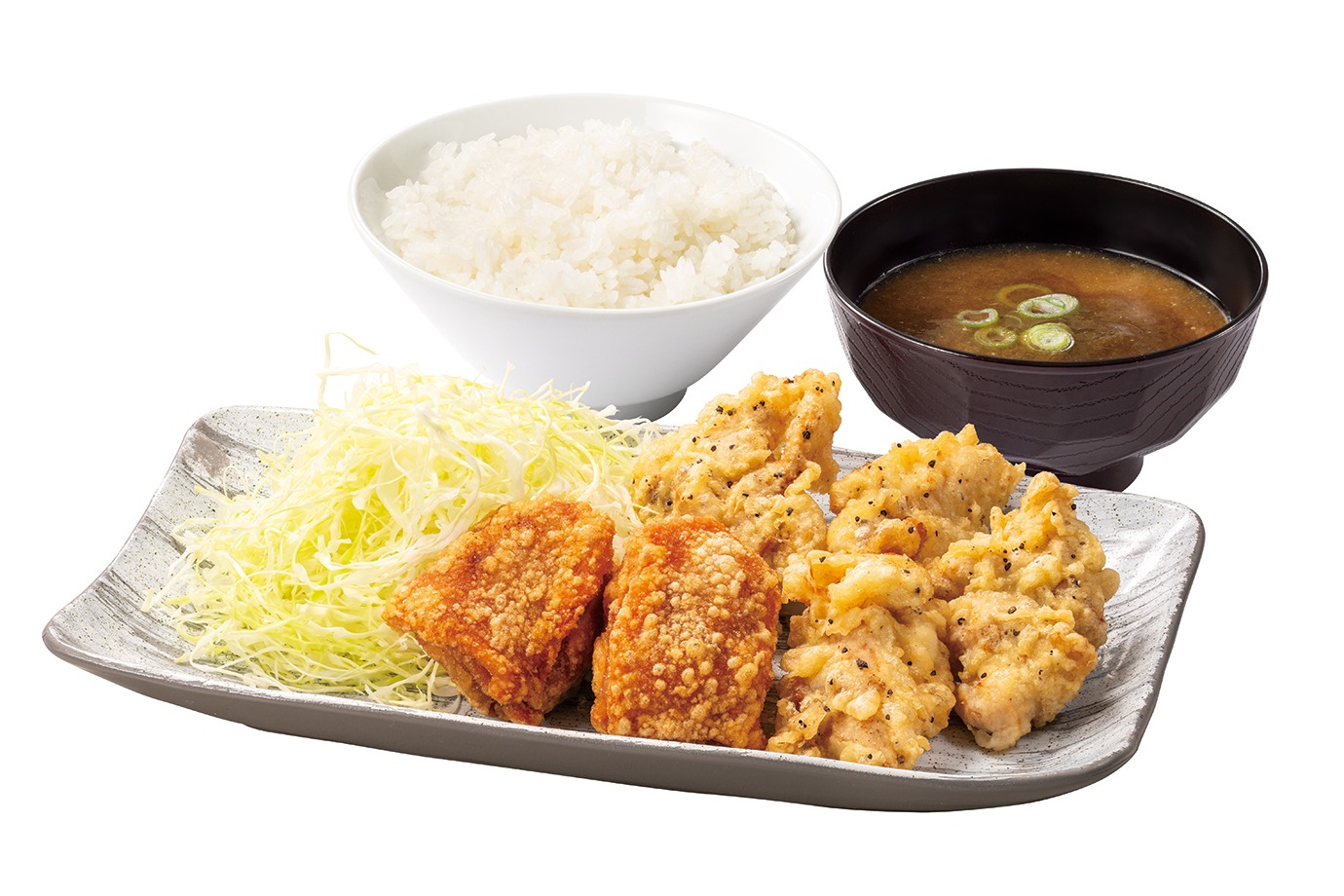 「黒胡椒とり天合盛り定食」（979円/券売機店舗 980円）