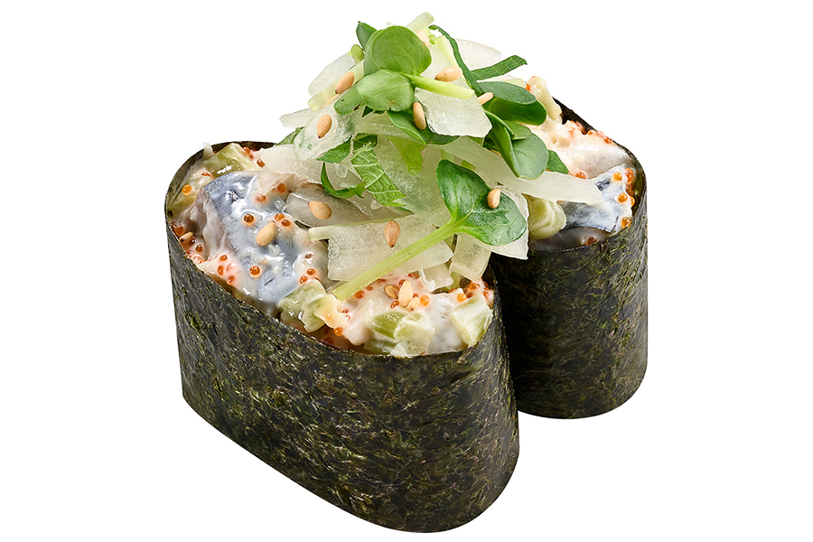 「〆さば わさびマヨ軍艦 香味野菜」（120円～）