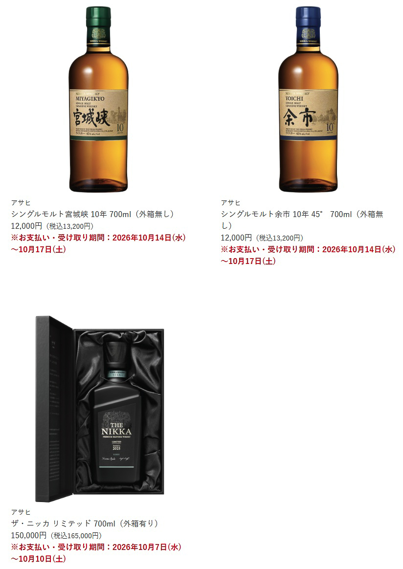 抽選販売の対象となるウイスキーのラインアップ