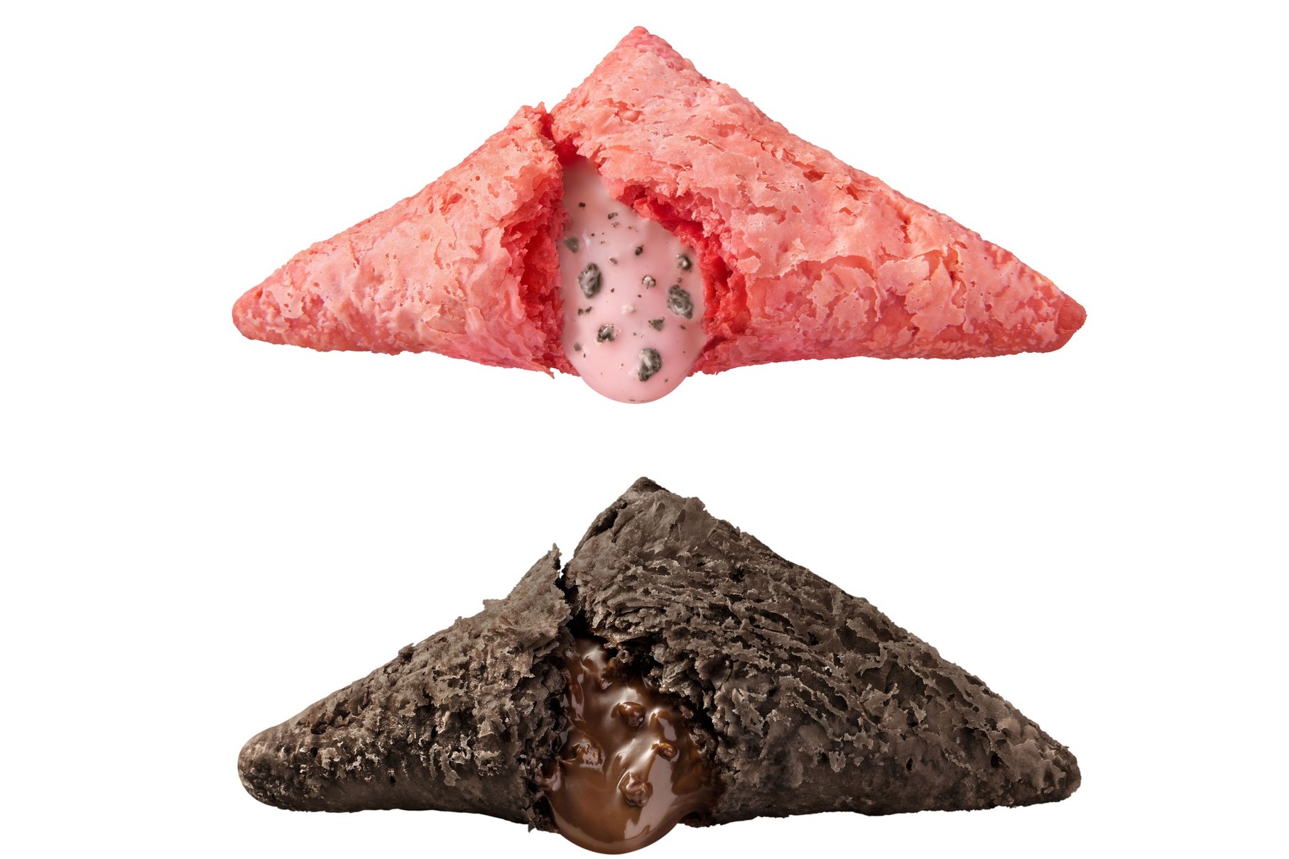 マクドナルドの「三角チョコパイ クッキー＆クリーム いちご味」「三角チョコパイ 黒」