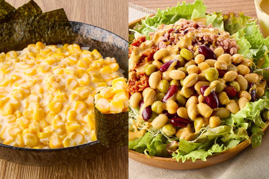 ドンキの偏愛めし「コーンマヨ軍艦丼（海苔付き）」「豆LOVEサラダ」
