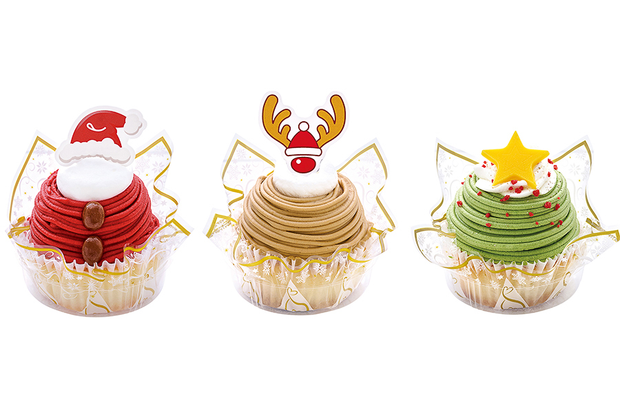 「クリスマスサンタの苺モンブラン」「クリスマスとなかいモンブラン」「クリスマスツリーモンブラン（ピスタチオミルキー）」（各621円）