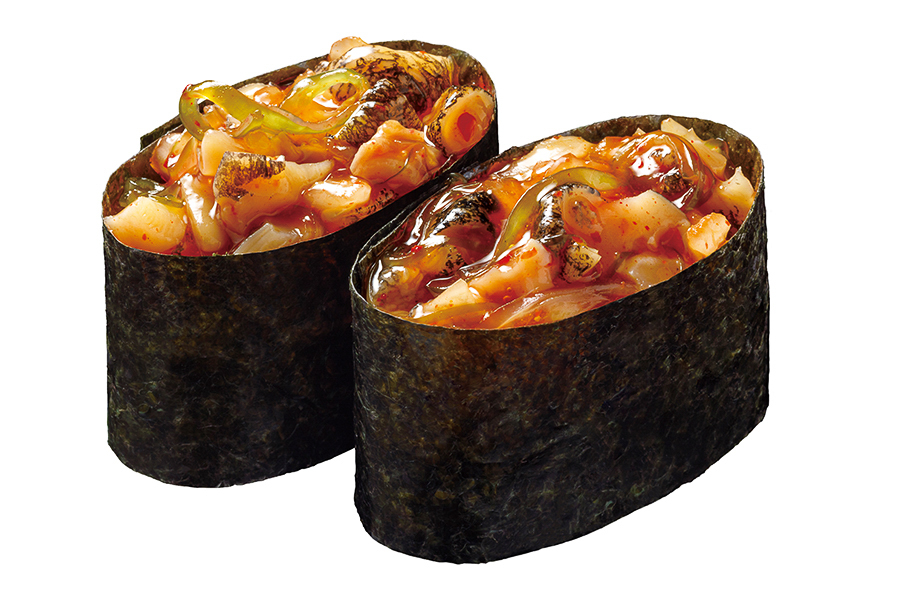 「北海道産つぶ貝のキムチ和え軍艦」（176円）