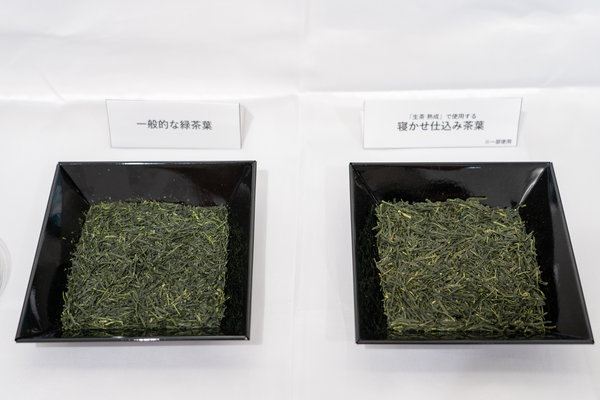 一般的な緑茶葉（左）と新原料の「寝かせ仕込み茶葉」（右）